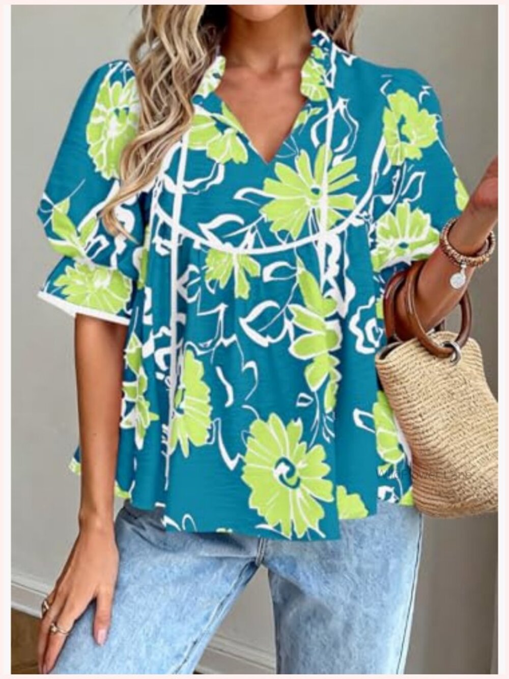 Ruffle Puff Sleeve V Neck Babydoll Tunic Top Blouse Boho Floral Peplum Shirt - Picture 2 of 7
